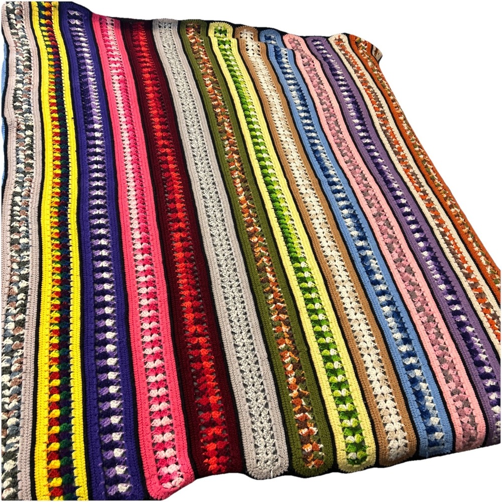Vintage Handmade Colorful Striped Crochet Afghan Throw Blanket 60x76